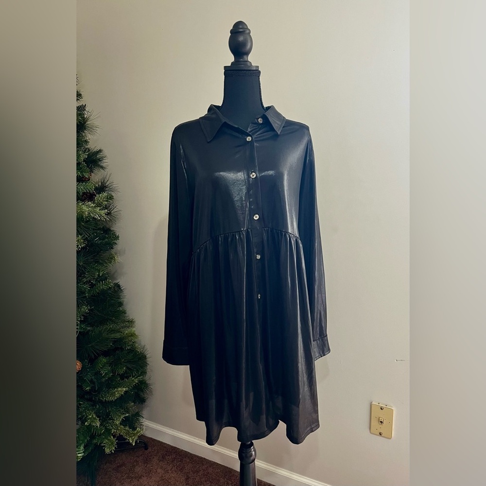 JODIFL Black Faux Leather Long Sleeve Dress Sz L - Picture 2 of 8